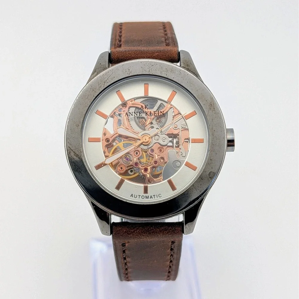 Anne Klein Automatic Skeleton Watch Rose Gold Tone Brown Leather 40mm TY2807RG